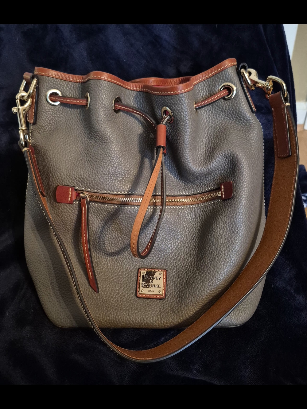 Dooney & Bourke Grey Pebbled Leather Drawstring Shoulder Bag
